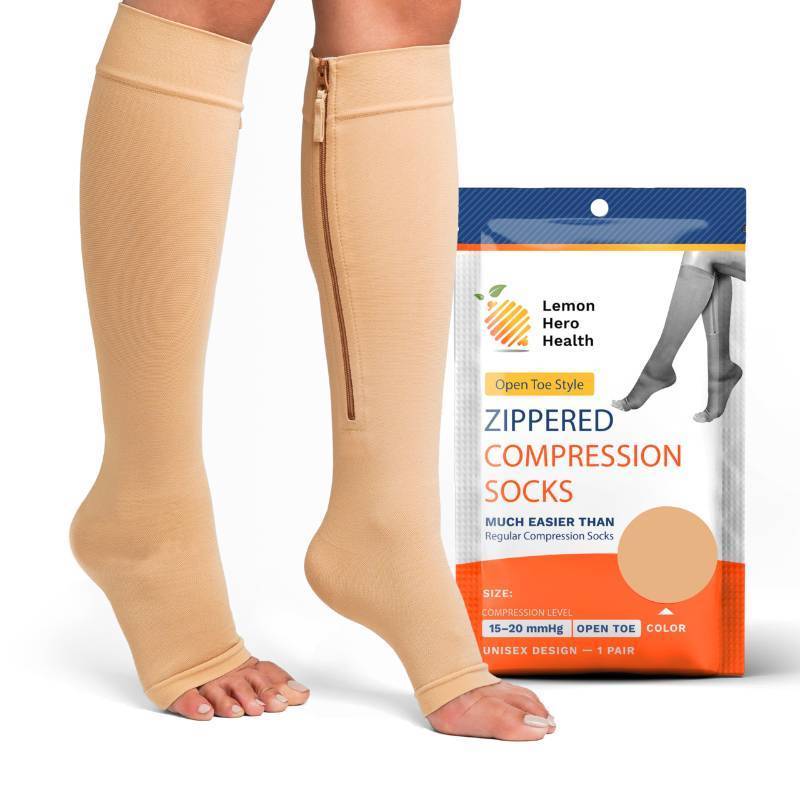 lot 8722 image: Lemon Hero Zipper Compression Socks for Women and Men, Open Toe 15-20 mmHg Compression Stockings wtih Zip Guard, Supports Circulation and Leg Comfort, Designed for Swelling Relief - 2XL, Beige - Retail $17