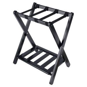 lot 1573 image: Winsome Raya Luggage Rack with Shelf Black Foldable, Nylon Straps, No Assembly, 40 lbs Capacity OPENED FOR INSPECTION  - Retail $60