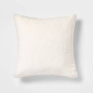 lot 1593 image: Oversized Faux Rabbit Fur Square Throw Pillow Cream - Threshold Luxury Glam Decor, Removable Cover, Indoor Use - Retail $25