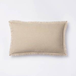 lot 1594 image: Oblong Gingham with Hemstitch and Raw Edge Decorative Throw Pillow Camel - Threshold designed with Studio McGee Cotton Cylinder Bolster - Retail $25