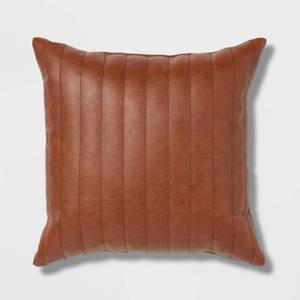 lot 1595 image: Square Faux Leather Channel Stitch Decorative Throw Pillow Cognac - Threshold Indoor Polyurethane & Cotton Pillow - Retail $30