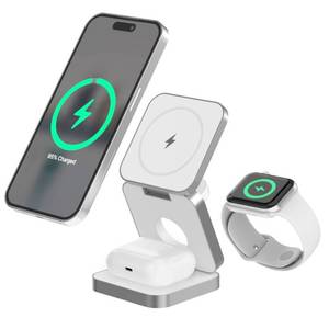 lot 1732 image: Just Wireless 3-in-1 Magnetic Collapsible Wireless Charger - White USB-C, 15W Output, MagSafe Compatible - Retail $60