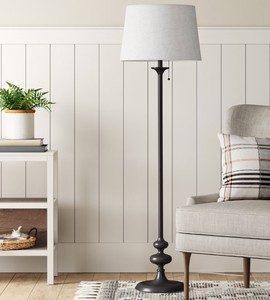 lot 1337 image: 62.5x16 Londonberry Stick Floor Lamp Black - Threshold Pull Chain, ETL Listed, Metal Base SHADE BENT - Retail $70