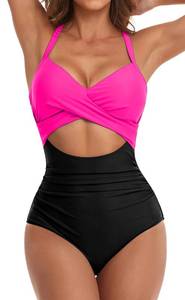 lot 2250 image: Eomenie Womens One Piece Swimsuits Tummy Control Cutout High Waisted Bathing Suit Wrap Tie Back 1 Piece Swimsuit Hot Pink Black