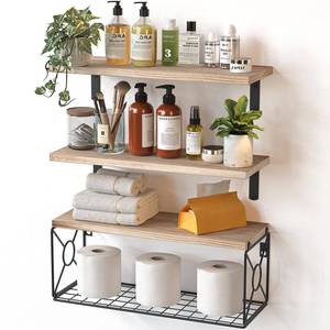 lot 3876 image: Amada Bathroom Shelves Over Toilet with Storage Basket, Floating Wall Shelf for Home Organization & Wall Decor, BathroomKitchenLiving Room Shelves��Natural Wood
