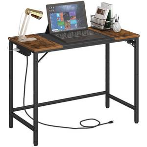 lot 3878 image: HOOBRO Computer Desk, Home Office Desk with Power Outlet, Modern Study Writing Desk with 3 Hooks for Study Room, Home Office, Sturdy and Stable, Easy to Assemble, Rustic Brown and Black BF40UDN01