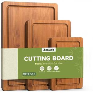 lot 3889 image: Zeawec 3-Piece Set Bamboo Cutting Board for Kitchen - Crack-Resistant Wood Chopping Boards with Deep Juice Grooves, Pre-Oiled Butcher Block for Meat, Vegetables & Cheese, Carbonized