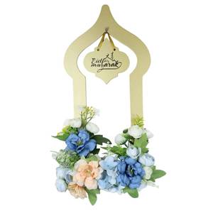 lot 3890 image: Eid Ramadan Mubarak Wreaths for Front Door, Eid Al-Fitr Castle Ramadan Wreath, Artificial Blue Peony Flower Hanging Wreath, Ramada Decorations for Home Party