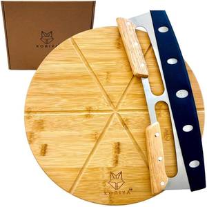 lot 3897 image: 14 Dual-Grip Pizza Cutter Rocker Board Set  Bamboo Pizza Cutting Board with Pizza Rocker Knife Slicer  Pizza Serving Board  Pizza Cutter Rocker Blade  Best Pizza Accessories Gift Set