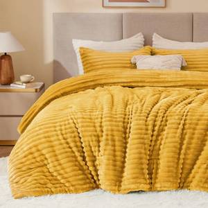 lot 3911 image: BEDELITE Fleece Full Comforter Set -Super Soft & Warm Fluffy Mustard Yellow Bedding, Luxury Fuzzy Heavy Bed Set for Winter with 2 Pillow Cases