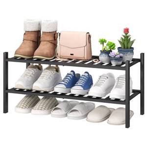 lot 3916 image: viewcare 2-Tier Black Bamboo Shoe Rack for Entryway, Stackable  Foldable  Natural, Shoe Shelf Storage Organizer for Hallway Closet, Free Standing Shoe Racks for Indoor Outdoor