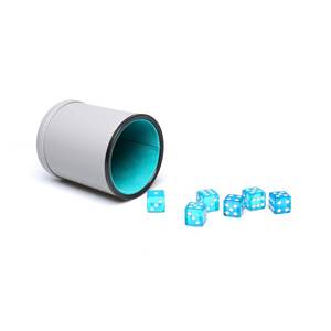 lot 4422 image: RERIVER Leatherette Dice Cup Set Lake Blue Velvet Interior Quiet in Shaking with 6 Matching Translucent Dot Dice for Liars Dice Farkle Yahtzee Board Games, 1 Pack