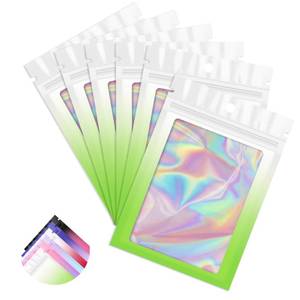 lot 4434 image: 100 Pack Holographic Bags,Mylar Resealable Bags with Zipper,Clear Window Packaging Pouchs,Smell Proof Bag for Food Storage,Sample Jewelry Bag (White Green, 4x6 Inch)