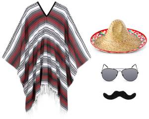 lot 5879 image: Yahenda 4 Pcs Colrful Costume Set for Adults Include Colrful Serape Poncho Sombrero Sunglasses Moustache(Classic) Size M