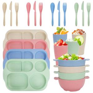 lot 5881 image: Unbreakable Dinnerware Sets for 4 People,24pcs Divided Plates and Bowls, Reusable Dinnerware Plastic Plates, Cups, Bowls, Cutlery Set for School Party, Camping, Home, Office