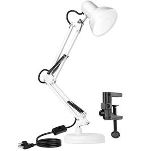 lot 5885 image: AmeriTop Metal Desk Lamp, Adjustable Swing Arm Table Lamp with Interchangeable Base Or Clamp Eye-Caring DeskClip Reading Lamps for Bedroom, Study, Office (White) incomplete