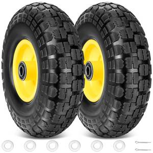 lot 5886 image: TICONN 10 Solid Tires, 2 Pack Flat Free 4.103.50-4 Wheels with 58 Axle Bore Hole and Double Sealed Bearings (Yellow, 2PK)