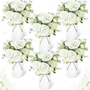 lot 5922 image: Domensi 6 Sets Wedding Floral Centerpiece for Table Decor, Artificial Peonies Silk Flowers Bouquet with Flower Foam and Metal Vase Faux Floral Arrangement for Bridal Shower Tea Party (White)