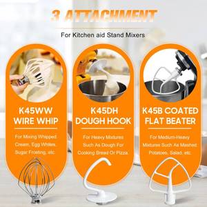 lot 6129 image: Funmit Mixers Accessories K45WW Wire Whip K45DH Dough Hook K45B Coated Flat Blade Paddle with Scraper Replacement for Kitchen Tilt-Head Aid Stand Mixer Attachments- Stainless Steel