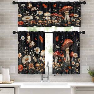 lot 6179 image: Tayney Mushroom Botanical Floral Kitchen Window Curtains Valance and Tier Set 36 Inch, Aesthetic Starry Night Rod Pocket Short Tier Curtain for Bathroom, Black Small Cafe Drapes for Kitchen Decor