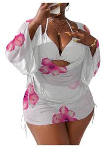 lot 6180 image: OYOANGLE Womens Plus Size 4 Piece Floral Bikini Swimsuit with Cover Up Triangle Halter Bathing Suits White XX-Large Plus
