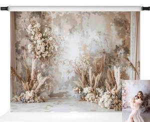 lot 6201 image: Kate Boho Flower Backdrop Abstract Art Background Grey Wall Reed Light Photo Background Studio Props,10x8ft