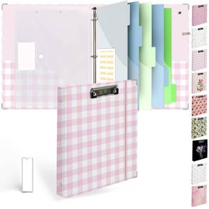 lot 6205 image: Etzul 3 Ring Binder 1 inch with Clipboard - Pink & White Grid Design, Includes Dividers, File Bag & Spine Label - Ideal for Students and Professionals, Holographic Waterproof Film