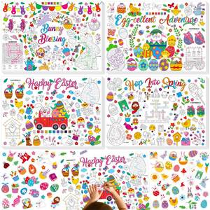 lot 6207 image: Easter Coloring Placemats, Set of 20 Paper Table Mats & 105 Adorable Stickers, 4 Designs Easter Coloring Activity Paper for DIY Painting Drawing BannerTablecloth for Spring Theme Party, Wall Decor
