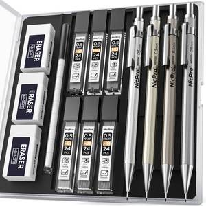 lot 6232 image: Nicpro 4 Pack Mechanical Pencil 0.5 mm with Case, MB1000 Metal Mechanical Pencil Set with 6 Tube HB #2 Lead Refill 0.5mm, 3PCS 4B Eraser, 9 Cap Eraser for Artist Drafting Writing, Sketching, Drawing