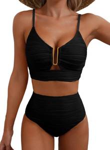 lot 6260 image: Herseas Women Two Pieces Textured Ruched Bikini Set Push Up V-Wired Cutout 2026 High Waisted Spaghetti Straps Flattering Swim Suit Sexy Classic Pool Party Essentials Black Small