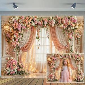 lot 10355 image: 7X5ft Romantic Floral Wedding Backdrop Pink Flower Curtain Photography Background Anniversary Ceremony Bridal Shower Engagement Party Decor Photo Booth Props Wall Banner