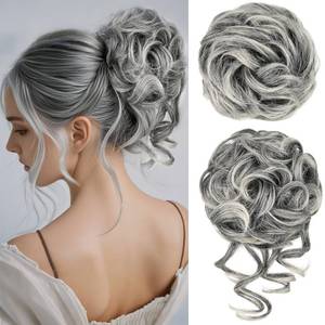 lot 10360 image: RONTAYA 2PCS Messy Bun Hair Piece Wavy Curly Hair Bun Scrunchies Extensions Elastic Synthetic Chignon Hairpieces for Women Girls Gray and White Tips