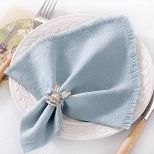 lot 10385 image: DeZerlor 12 Pack Gray- Blue Cotton Linen Napkins with Fringe Spring Cloth Napkins Set of 12 Boho Handmade Dinner Napkins Bulk for Wedding Bridal Baby Shower Parties, 17 x 17 Inches