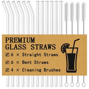 lot 10386 image: Piteno� 16-Pack Reusable Glass Straws, Clear Glass Drinking Straws, 10x10MM, Set of 6 Straight and 6 Bent with 4 Cleaning Brushes, Perfect for Smoothies, Milkshakes, Juice, Tea