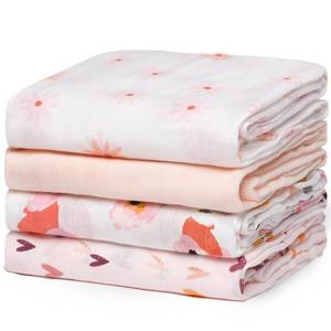 lot 10409 image: Momcozy Muslin Swaddle Blankets, 4-Pack Breathable and Skin-Friendly Receiving Blankets, Swaddle Blanket Shower Gifts & Baby Girl Newborn Essentials, Large 47x47, Blooming Hearts