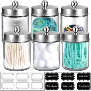 lot 11736 image: Amolliar 6Pc Apothecary Jars Bathroom Vanity Organizer- Rustic Farmhouse Decor Storage Canister&Stainless Steel Lids- Qtip Dispenser for Q-Tips,Cotton Swabs,Rounds,Ball,Flossers (Brushed Nickel) (Missing One)
