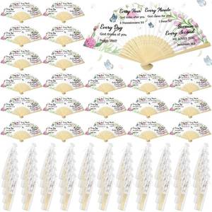 lot 11744 image: Beeveer 50 Pcs Christian Paper Hand Fans Foldable Church Bamboo Fans with Organza Bag for Bible Church Decorations Gift(White,God Thinks of You)