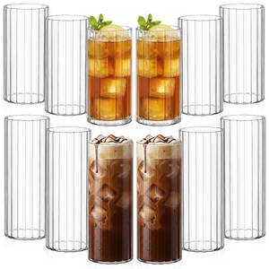lot 11745 image: LemonRoad 12 Pcs Ribbed Drinking Glasses Set 15 oz 12 oz Iced Coffee Glass Cup Large Fluted Vintage Glassware Ripple Drinkware Ribbed Cocktail Cup for Home Christmas Holiday Party Bar Wine Juice Water