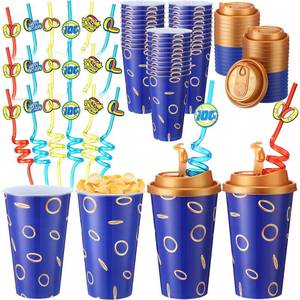 lot 11751 image: Yungyan 36 Sets Blue and Golden Rings Cartoon Party Favors Goodie Cups with Lids and Straws for Birthday Decorations Reusable 16oz Plastic Candy Cups Plastic Straws for Birthday Party