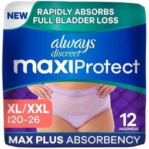 lot 11769 image: Always Discreet MaxiProtect Adult Diapers for Women, Incontinence Underwear, Scented, Postpartum Essentials, Bladder Leak Protection, Disposable Briefs, Maximum Plus Absorbency, Size XLXXL, 12 Count