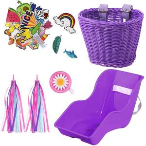 lot 11772 image: Aurelema Doll Bike Seat with 30 Pcs Stickers Decals Bicycle Basket for Kids Handlebar Streamers Colorful Ribbons Tassel Daisy Bike Bell for Girls Boys Bicycle Accessories Christmas Kids Gift(Purple)