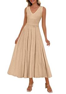 lot 12032 image: PRETTYGARDEN Summer Dresses for Women 2026 Spring Casual Sleeveless V Neck Pleated Midi Work Cocktail Wedding Guest Dress(Dark Apricot,Small)