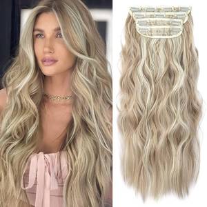 lot 12036 image: Clip in Natural Hair Extensions Long Wavy 4PCS Thick Hairpieces Dark Ash Blonde Mixed Bleach Blonde Double Weft Synthetic 20 Inch for Women (4pcs, 20Inch, 16H613#)