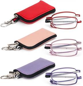 lot 12047 image: REAVEE 3 Pack Folding Reading Glasses with Keychain Compact Bags for Women Men, Blue Light Blocking Spring Hinge Portable Pocket Readers, Red Pink and Purple 1.25