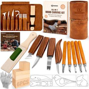 lot 12063 image: Wood Carving Kit, 24Pcs Wood Carving Tools with Storage Bag, Wood Whittling Knife Kit with 4pcs Templates & 6pcs Basswood Blocks for DIY Beginners