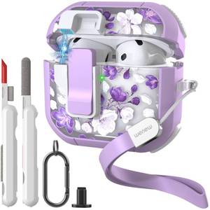 lot 12075 image: WENEW Case for AirPods 4th Case Cover Secure Lock Automatic Snap Switch Clip Cleaner Kit Lanyard Women Stylish Flower Armour Hard Shell Full Body Front LED Visible (Purple Flower, AirPods 4th)