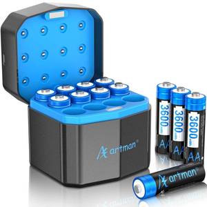 lot 12081 image: A Artman Rechargeable Lithium AA Batteries 12 Pack with 12-Slot Charger, 3600mWh 1.5V High Power AA Lithium Batteries for Blink Outdoor Camera, Rechargeable Double A Battery with 2000 Cycles (Black)