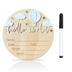 lot 12099 image: Baby Announcement Sign, 5.9 Inch Wooden Hello World Newborn Signs, Birth Announcement Sign and Pen, Hot Air Balloon and White Cloud Decoration, Welcome Newborn Arrival to World (White)