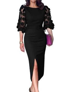 lot 12117 image: CHICME Bodycon Midi Dress for Women Mesh Puff Sleeve Slit Cocktail Work Pencial Dresses with Belt Black-L