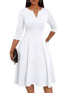 lot 12141 image: Nmoder Midi Dresses for Women A-Line Fit and Flare Casual Dress 34 Sleeve V Neck Cocktail Wedding Guest Work Dress with Pockets White XL